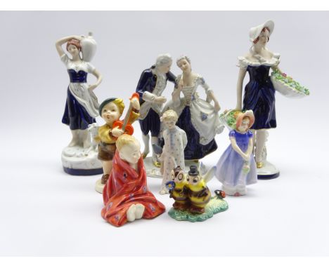 Three Royal Dux figures - Flower Girl, Female Water Carrier and Courting Couple in 18th century style costume, another smalle
