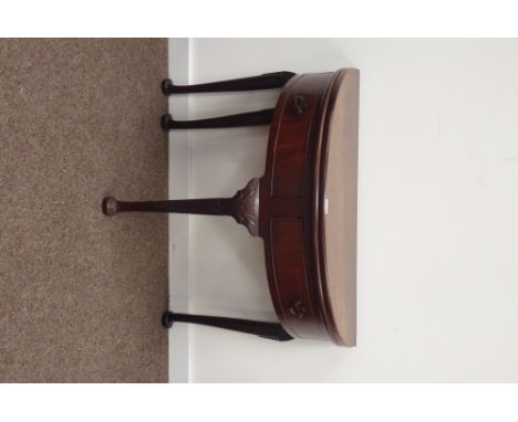 Georgian mahogany demi-lune card table, fold over top revealing baize lined playing surface and counter wells, above two side