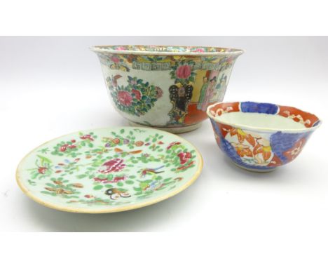 20th Century Chinese bowl decorated with panels of figures and flowers D25cm, celadon plate and a small Imari bowl Condition 