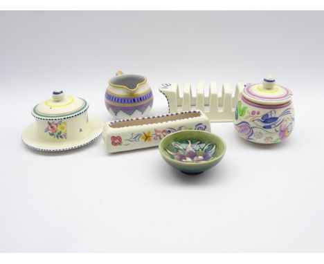 Poole Pottery cream jug in the WL pattern, Poole preserve jar and cover, 3 other pieces of Poole and a small Moorcroft dish C