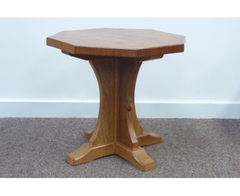 'Mouseman' Yorkshire oak octagonal occasional table by Robert Thompson of Kilburn, the adzed top above four sided pedestal on