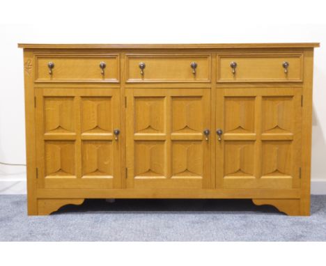 Briar Rose Yorkshire oak sideboard, rectangular reeded top, three drawers above three paneled cupboards, panelled sides, brac