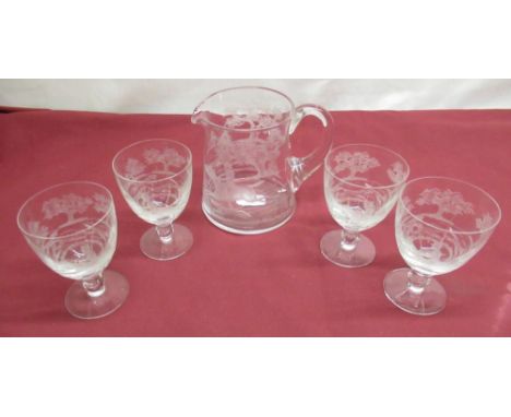 Glass water set, the jug and four goblets each decorated with a hunting scene and signed W G Webb, H15cm max (5) 