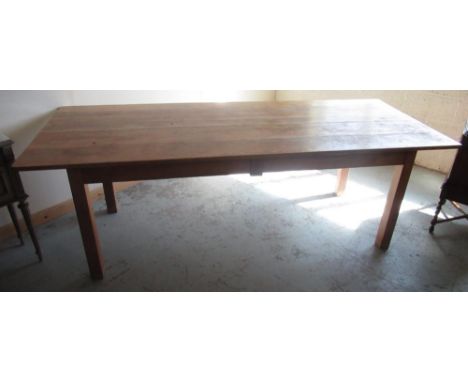 C20th light oak library table, planked rectangular top originally from St. Martin's Ampleforth, on later square supports, L23