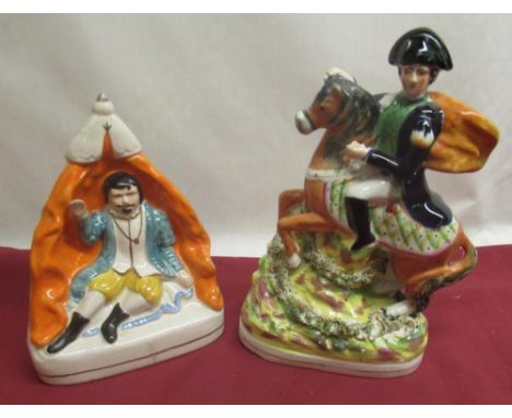 C19th Staffordshire model of a man on horseback, H24cm and a later model of Garrick as Falstaff, H19cm (2) 