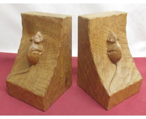 Robert Mouseman Thompson of Kilburn - pair of adzed oak bookends, carved with signature mice, W8.5cm D9cm H15cm (2) 