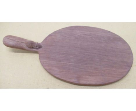 Robert Mouseman Thompson of Kilburn - adzed oak oval cheese board, curved handle carved with signature mouse, L38cm 