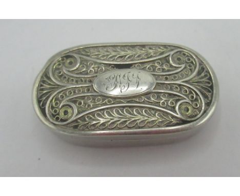 Geo.III hallmarked silver rounded rectangular snuff box, hinged cover with inset scroll decoration and initials, by Wardell &