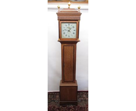 Oak long case clock, 28cm square painted Roman dial with faux date aperture signed Kidds Malton, later caddy top case with bl