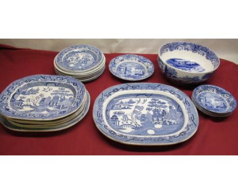 Collection of C19th and later Ironstone and other blue and white Willow pattern transfer print plates, nine circular and eigh