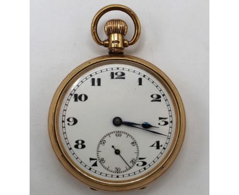 N B Swiss 9ct gold open faced keyless pocket watch, white enamel Arabic dial with rail track minutes and subsidiary seconds, 