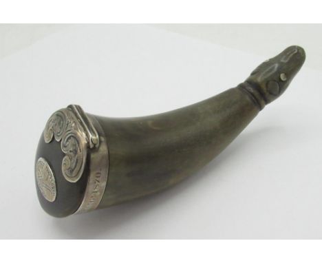 Victorian white metal mounted horn snuff box, curved body carved with a dogs head, mounts inscribed 'NAT. 18th FEBY. 1795 OB.