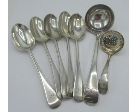 Set of five Victorian hallmarked silver Old English pattern dessert spoons, engraved with initials, by Goldsmiths &amp; Silve
