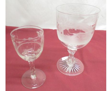Large glass goblet, engraved with a Fox hunting scene with hounds chasing a fox, on hexagonal stem and star cut base, H23cm, 