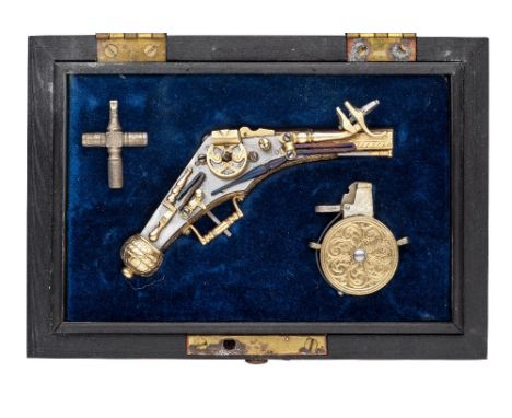 ‡A CASED FINELY CONSTRUCTED MINIATURE WHEEL-LOCK PISTOL IN THE GERMAN STYLE OF CIRCA 1580, 20TH CENTURY with blued barrel for