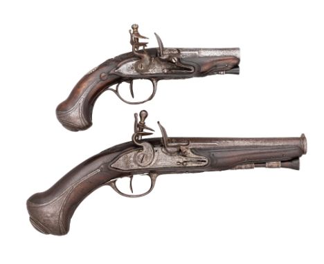 A 54 BORE FRENCH FLINTLOCK TRAVELLING PISTOL BY DUVAL À NANTES, CIRCA 1760-70 AND A 28 BORE FRENCH FLINTLOCK PISTOL SIGNED À 