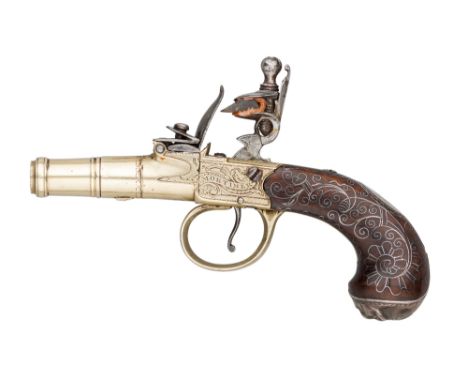 ‡A RARE 120 BORE FLINTLOCK BOX-LOCK POCKET PISTOL WITH TUTENAG BARREL, ACTION AND MOUNTS BY MORTIMER, LONDON, TOWER PRIVATE P