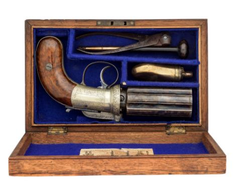 A CASED 48 BORE SIX-SHOT PERCUSSION PEPPERBOX REVOLVER RETAILED BY WILLIAM FRY, GUN AND PISTOL MAKER, DERBY, LONDON PROOF MAR