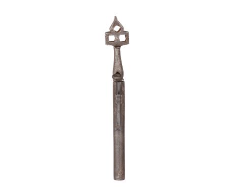 A COMBINED TURNSCREW WHEEL-LOCK SPANNER AND POWDER MEASURE, MID-17TH CENTURY with trefoil head terminating in a turnscrew, a 