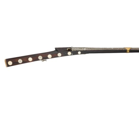 ‡˜A FINE 15 BORE INDIAN MATCHLOCK GUN (TORADOR), EARLY 19TH CENTURY with tapering sighted barrel retained by three broad shap
