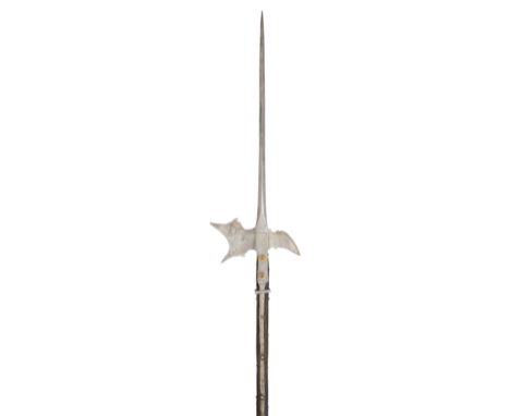 A GERMAN HALBERD, LAST QUARTER OF THE 16TH CENTURY with tapering terminal spike of diamond-section, axe-blade struck with two