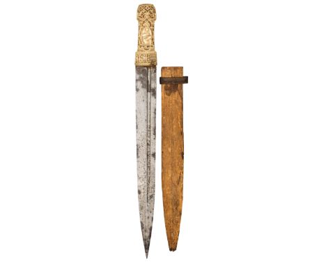 A RARE PERSIAN SHORT-SWORD (QAMA), MID-19TH CENTURY with broad tapering blade formed with a three-quarter length offset fulle