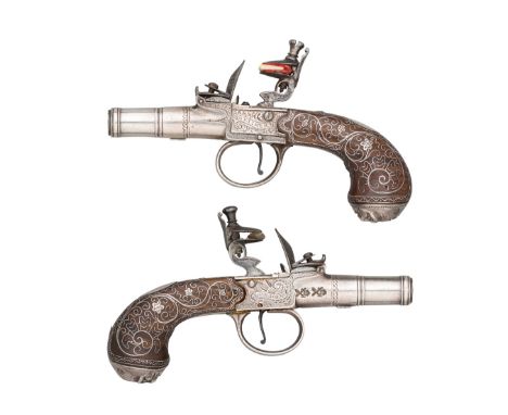 ‡AN EXCEPTIONAL PAIR OF 120 BORE FLINTLOCK BOX-LOCK POCKET PISTOLS WITH SILVER BARRELS, ACTIONS AND MOUNTS, SIGNED MORTIMER, 