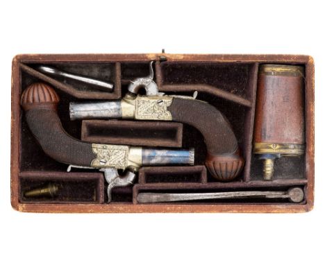 ‡A CASED PAIR OF 14 BORE PERCUSSION POCKET PISTOLS BY DOOLEY, LIVERPOOL, BIRMINGHAM PROOF MARKS, CIRCA 1840 with blued barrel