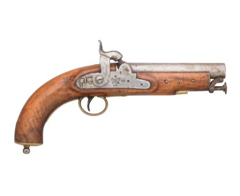 A .650 CALIBRE PERCUSSION SEA SERVICE PISTOL, CIRCA 1830 with tapering barrel fitted with stirrup ramrod beneath and struck w