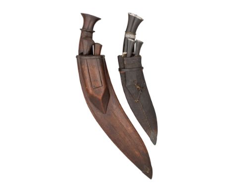 A NEPALESE SILVER-MOUNTED DAGGER (KUKRI) AND ANOTHER 'BOX' KUKRI, LATE 19TH AND 20TH CENTURIES the first with angular single-