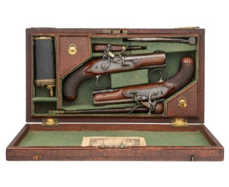 ‡A CASED PAIR OF 40 BORE FLINTLOCK TRAVELLING PISTOLS BY H.W.MORTIMER &amp; SON, GUNMAKERS TO HIS MAJESTY, LONDON, NO. 1303, 