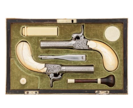 ‡˜A CASED PAIR OF 120 BORE D.B. PERCUSSION PISTOLS, LIÈGE PROOF, MID-19TH CENTURY with etched twist turn-off barrels numbered