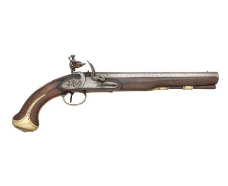 ‡A 26 BORE FLINTLOCK HOLSTER PISTOL BY H.W.MORTIMER, LONDON, CIRCA 1778 with swamped sighted barrel signed 'H. Mortimer, Lond