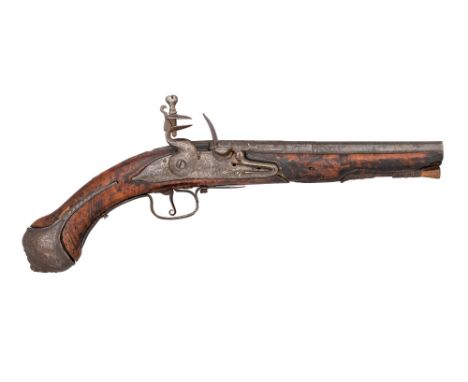 A 22 BORE FLINTLOCK HOLSTER PISTOL BY THOMAS (1) HAWLEY, LATE 17TH CENTURY with tapering barrel formed in four stages (the mu