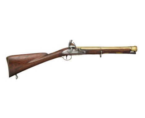 ‡A FLINTLOCK BLUNDERBUSS BY H.W.MORTIMER, LONDON, CIRCA 1778-83 with brass barrel formed in three stages, swelling slightly t