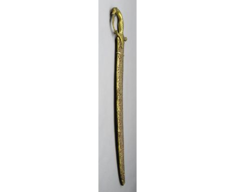 AN INDIAN SWORD, 20TH CENTURY with slightly curved single-edged blade (small chips), engraved gilt brass hilt decorated over 