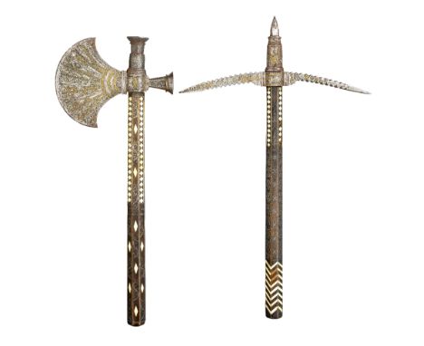 ‡A HIGHLY DECORATED WAR HAMMER AND AXE IN TURKISH LATE 16TH/17TH CENTURY STYLE, LATE 19TH CENTURY the axe-head with curved bl