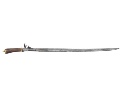 ‡A COMBINED FLINTLOCK PISTOL AND HUNTING SWORD BY H.W.MORTIMER, LONDON, GUNMAKER TO HIS MAJESTY, CIRCA 1790 with slightly cur
