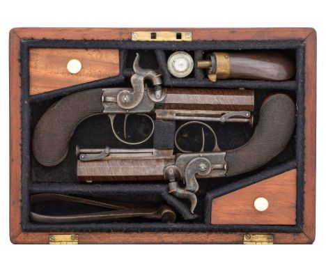 ‡A CASED PAIR OF 40 BORE PERCUSSION TRAVELLING PISTOLS BY MORTIMER, ST. JAMES'S ST., LONDON, CIRCA 1820 with browned twist oc