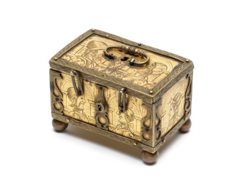 A FINE SOUTH GERMAN GILT-BRASS CASKET, LATE 16TH/EARLY 17TH CENTURY formed of an engraved framework of brass fitted on the fr