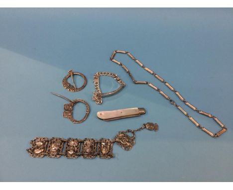 A mother of pearl silver fruit knife, a '925' bracelet and two sterling sash clasps