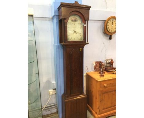 An oak cased long case clock, with painted dial, thirty hour movement, date aperture, by Sleigh of Stockton on Tees