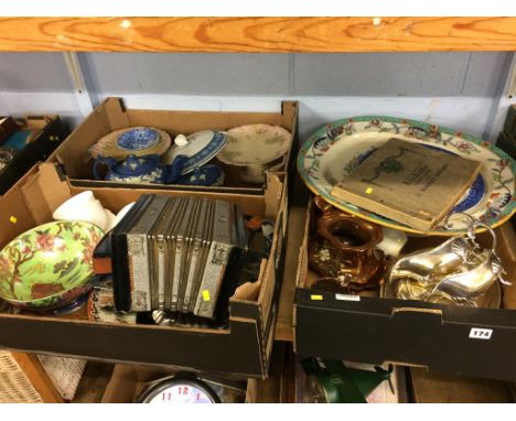 Three boxes, to include silver plate, an accordion etc.