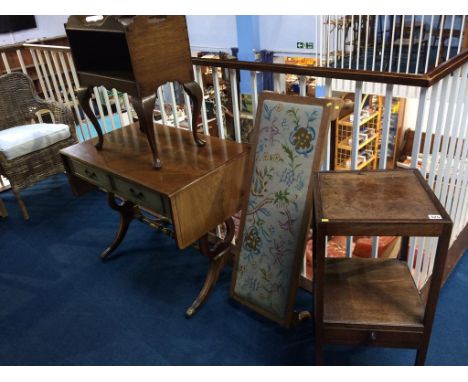 A reproduction mahogany sofa table, long stool and two occasional tables