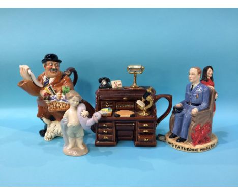 A Lady Grace china limited edition commemorative figure of William and Kate, two Ringtons teapots and a Nao figure