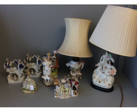 Staffordshire flat backs, converted to lamp bases, with shade, and other figurines and ornaments 