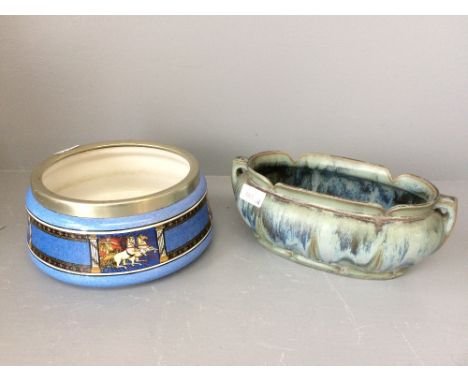 Contemporary green planter &amp; blue glazed dish painted to sides with plated rim depicting horses &amp; chariots 