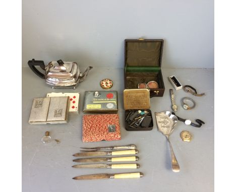 Mixed lot of collectables including pen nibs, watches, silver plate, flatware etc 