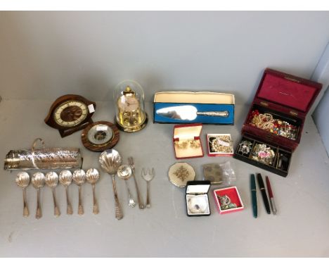 Leather jewellery box containing costume jewellery &amp; 3 1950s Parker pens, plated flatware, silver pie slice, 2 clocks &am