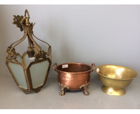 Brass bowl, copper jardiniere &amp; brass &amp; glazed ceiling lantern 